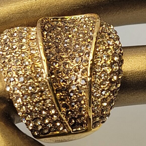 Two Tone Gold and Amber Color Wide Ring Concave Design with Rhinestones Size 6.5 - Picture 8 of 14